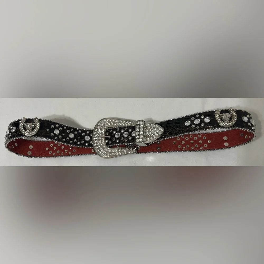 Genuine Leather Bling Western Belt S/M Rhinestone Buckle Bull Horseshoe Conchos